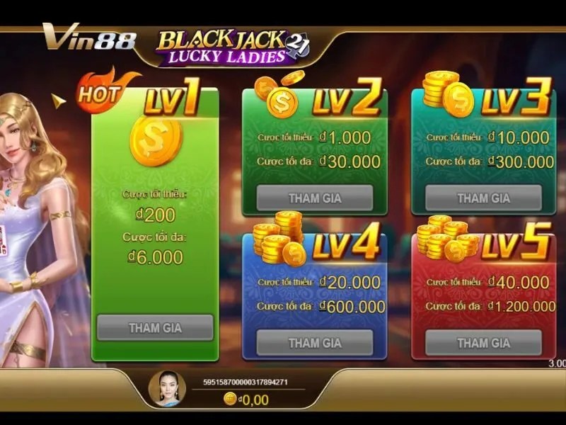 Phân chia bài chơi Blackjack Lucky Ladies theo cấp độ Level