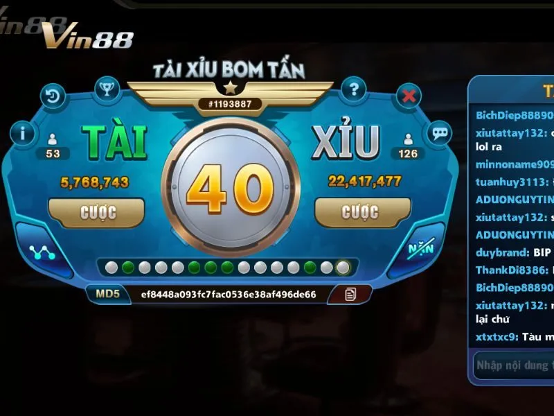 Giao diện bàn chơi Tài Xỉu Bom Tấn Vin88