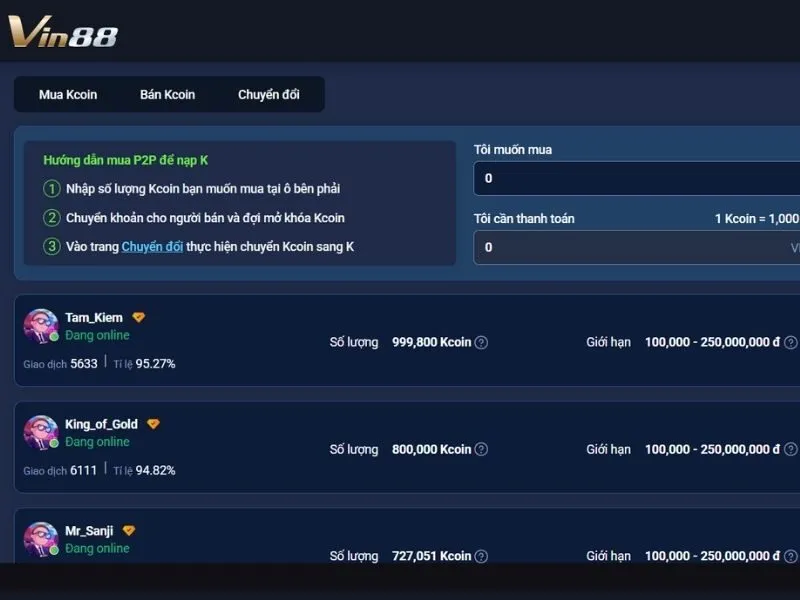 P2P Trading Vin88 là giao dịch ngang hàng Peer-to-Peer